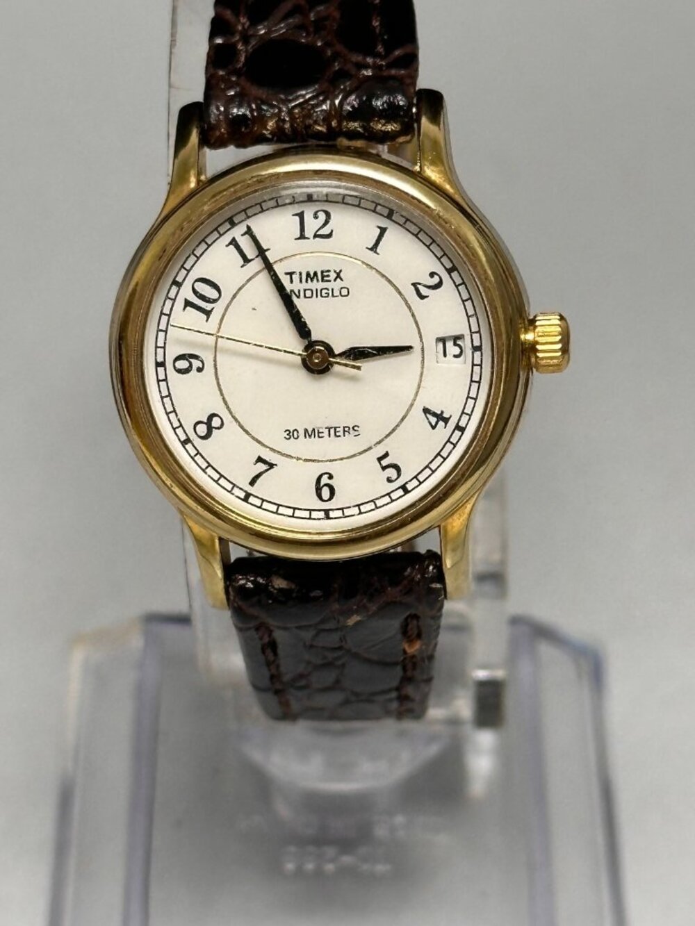3/$30 Timex Watch Women Gold Tone Indiglo Brown Patent Leather Band 8"